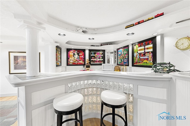 bar featuring a tray ceiling and ornate columns