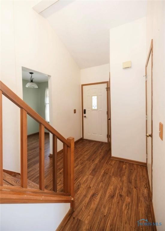 foyer featuring lofted ceiling and dark hardwood / wood-style floors