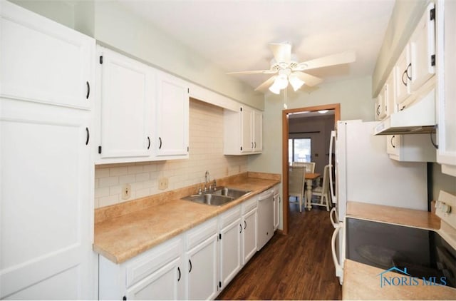 kitchen with sink, dark hardwood / wood-style floors, dishwasher, ceiling fan, and white cabinets