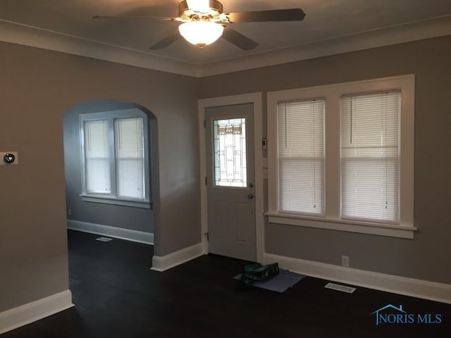 foyer with ornamental molding, a healthy amount of sunlight, and ceiling fan