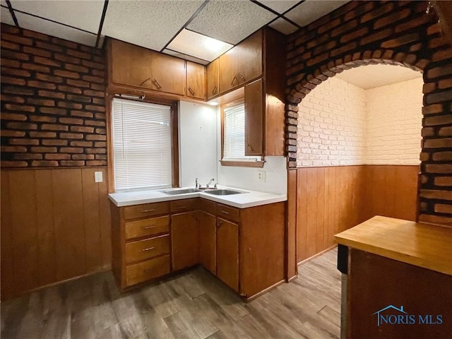 kitchen featuring sink, a paneled ceiling, and wooden walls