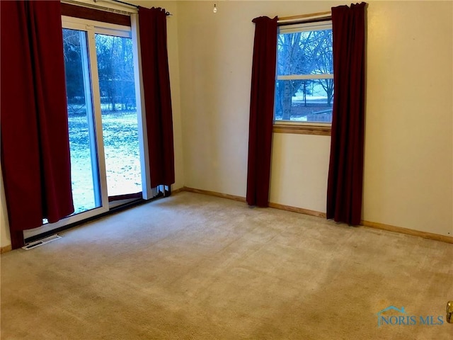 spare room with a healthy amount of sunlight and light colored carpet