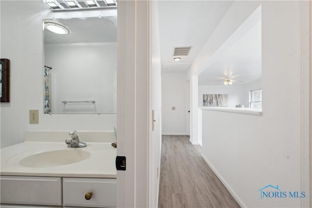 bathroom featuring hardwood / wood-style flooring and vanity