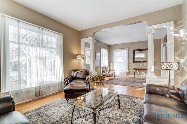 living room with hardwood / wood-style floors and ornate columns