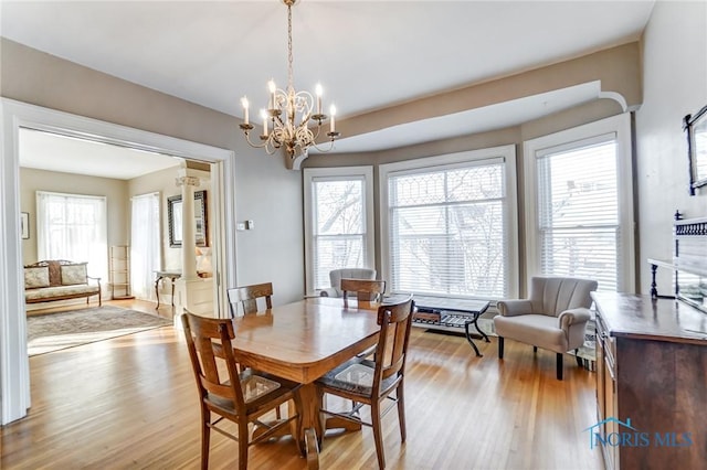 dining space with an inviting chandelier, light hardwood / wood-style flooring, and a wealth of natural light