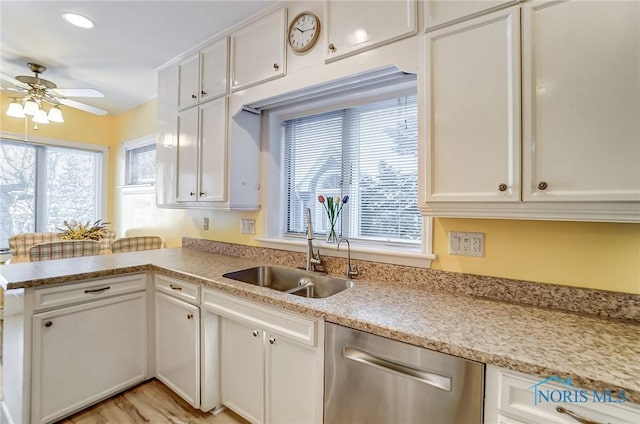 kitchen featuring ceiling fan, sink, white cabinets, and stainless steel dishwasher