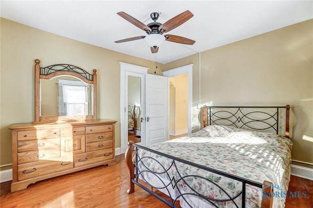 bedroom with light hardwood / wood-style flooring and ceiling fan