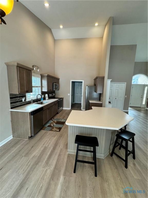 kitchen featuring a spacious island, sink, light hardwood / wood-style flooring, a breakfast bar, and stainless steel appliances