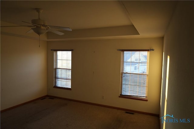 spare room featuring a raised ceiling, carpet, and ceiling fan