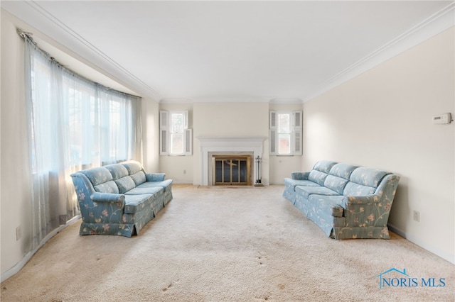 carpeted living room featuring crown molding