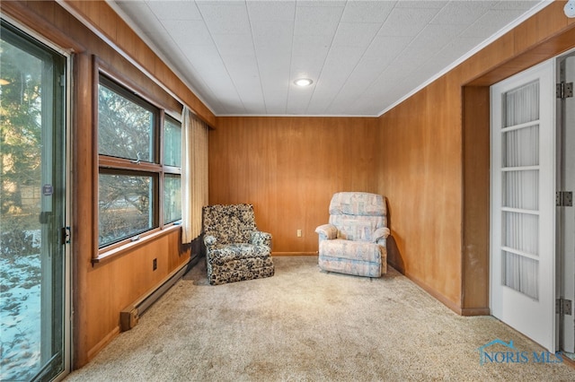 sitting room featuring ornamental molding, wooden walls, carpet floors, and a baseboard heating unit