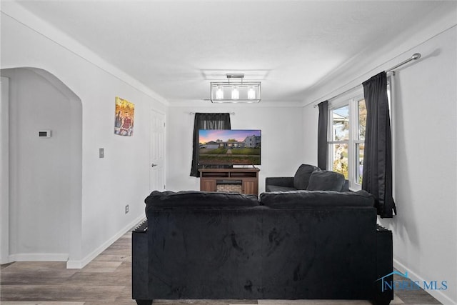 living room featuring light hardwood / wood-style flooring and crown molding