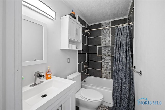 full bathroom with toilet, shower / bath combination with curtain, and vanity