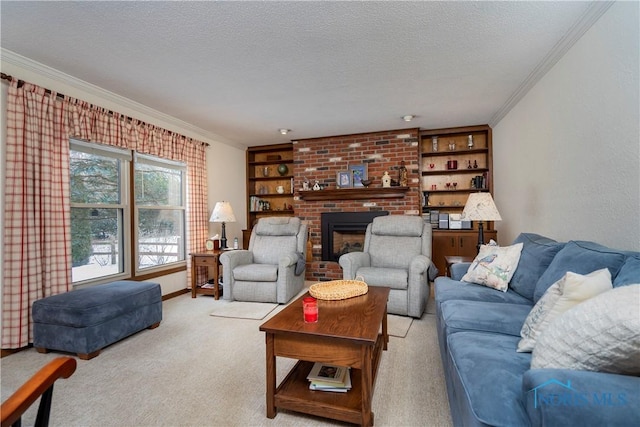 living room with light carpet, a textured ceiling, a brick fireplace, and crown molding