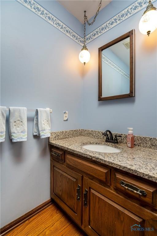 bathroom featuring hardwood / wood-style flooring and vanity