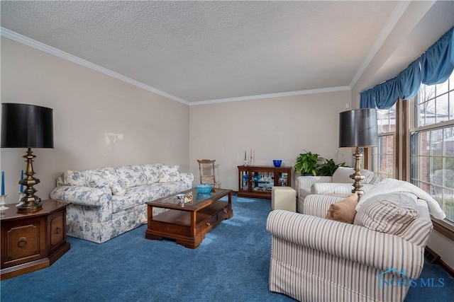 carpeted living room featuring ornamental molding and a textured ceiling