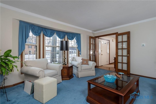 living room with crown molding and carpet floors