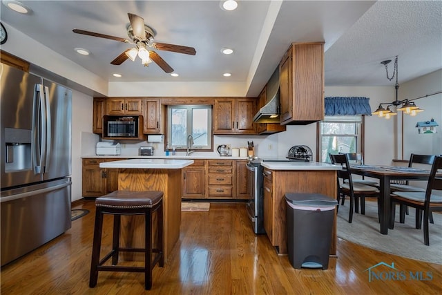 kitchen featuring hardwood / wood-style flooring, pendant lighting, appliances with stainless steel finishes, and a kitchen island