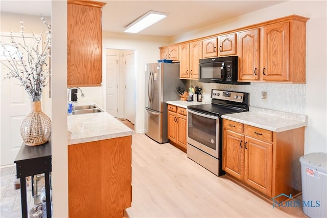 kitchen featuring sink, light wood-type flooring, decorative backsplash, and stainless steel appliances