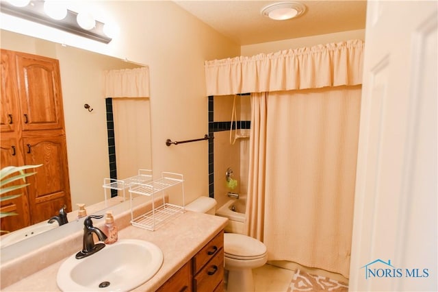 full bathroom with toilet, tile patterned floors, shower / bathtub combination with curtain, and vanity