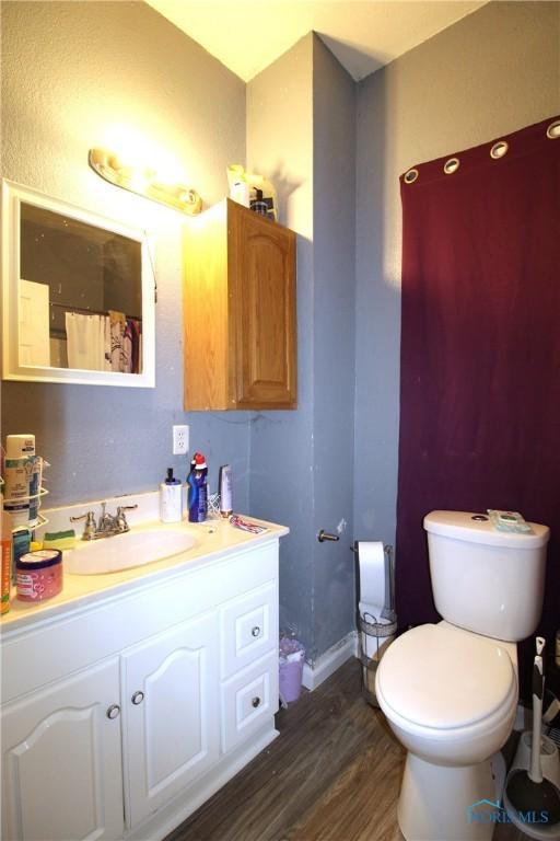 bathroom featuring vanity, hardwood / wood-style flooring, and toilet