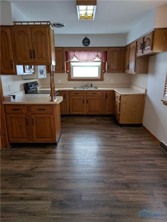 kitchen with sink, electric range, and dark hardwood / wood-style floors