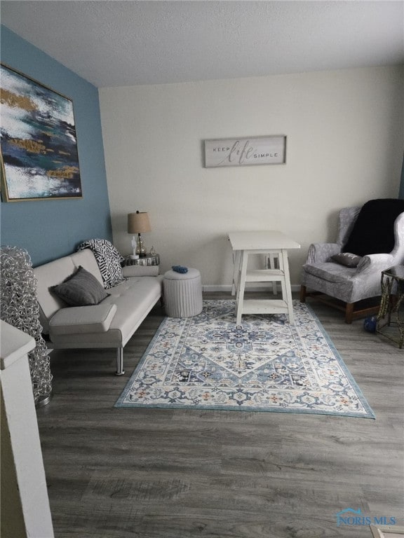 living area with hardwood / wood-style floors and a textured ceiling