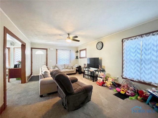 living room featuring crown molding, carpet floors, and ceiling fan