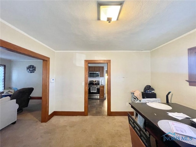 interior space with crown molding and a textured ceiling