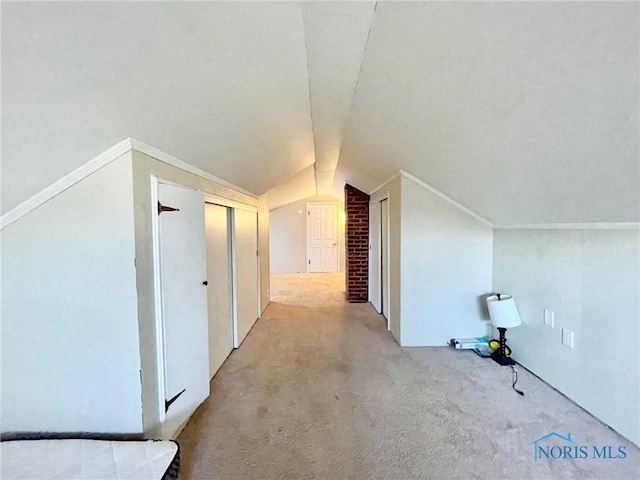 additional living space featuring lofted ceiling and light carpet