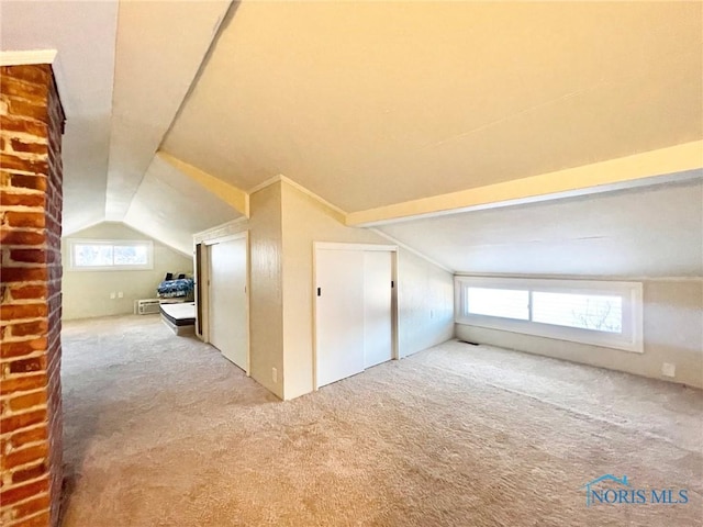 additional living space with a healthy amount of sunlight, carpet flooring, and vaulted ceiling