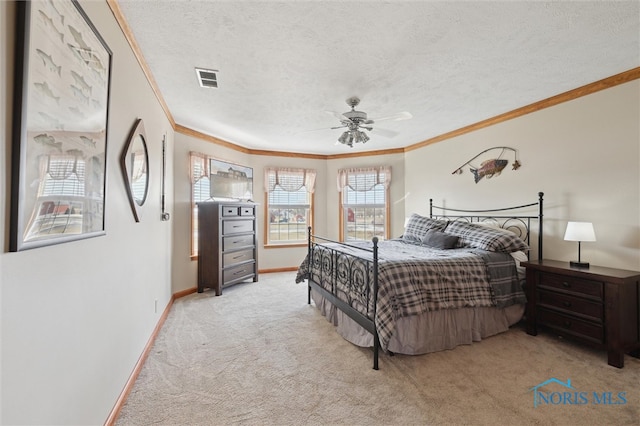 bedroom featuring light carpet, a textured ceiling, ornamental molding, and ceiling fan