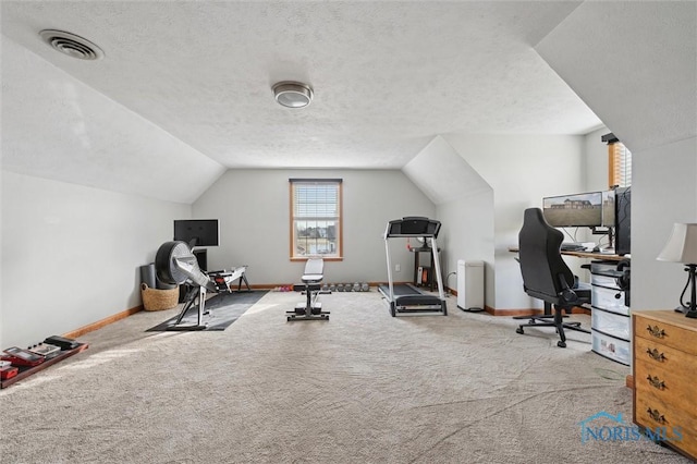 workout room featuring lofted ceiling, light colored carpet, and a textured ceiling