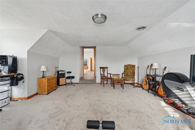 interior space featuring light colored carpet, vaulted ceiling, and a textured ceiling