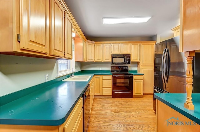 kitchen with light brown cabinetry, sink, light hardwood / wood-style flooring, and black appliances