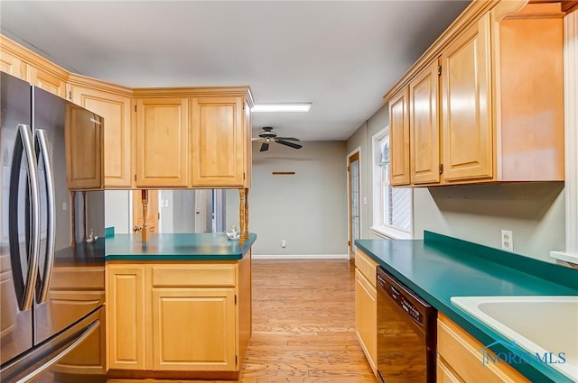 kitchen with light hardwood / wood-style flooring, stainless steel fridge, ceiling fan, dishwasher, and light brown cabinets