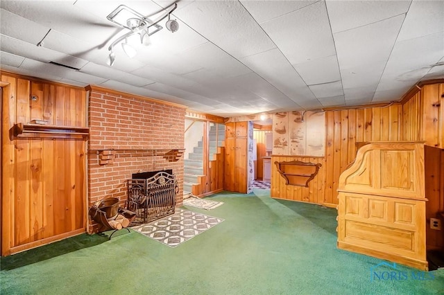 basement with a fireplace, wood walls, and carpet flooring