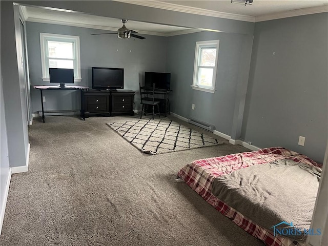 unfurnished bedroom featuring a baseboard radiator, ornamental molding, and carpet flooring