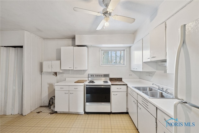 kitchen featuring ceiling fan, sink, white cabinets, and white appliances