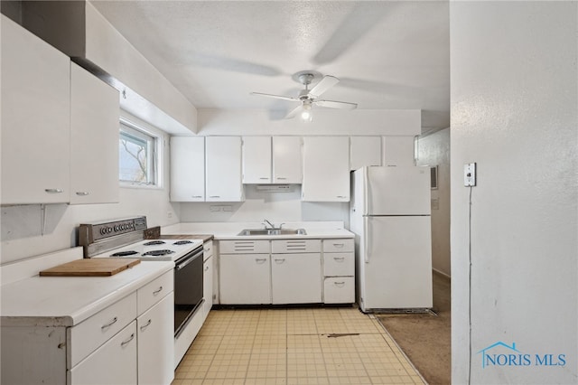 kitchen with sink, white appliances, ceiling fan, a textured ceiling, and white cabinets