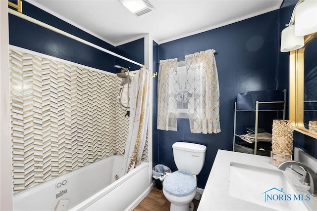 full bathroom with sink, shower / bath combo, wood-type flooring, ornamental molding, and toilet