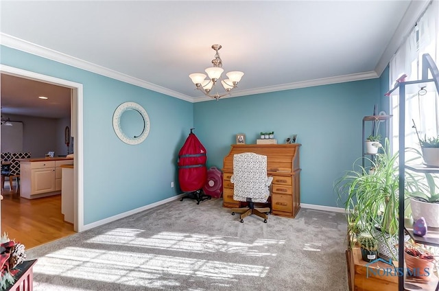 office space with crown molding, light carpet, and a notable chandelier