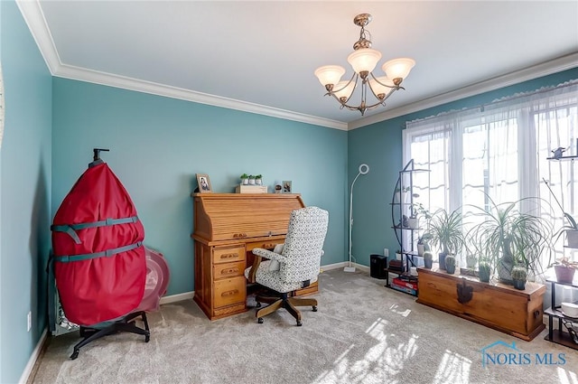 home office featuring a notable chandelier, crown molding, and carpet