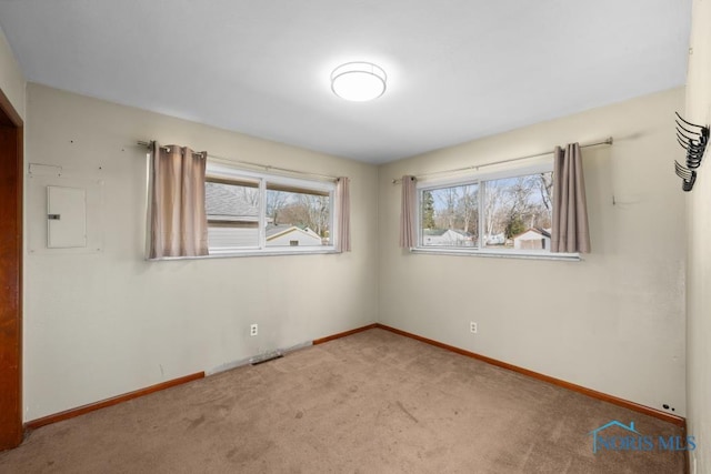 carpeted spare room featuring electric panel