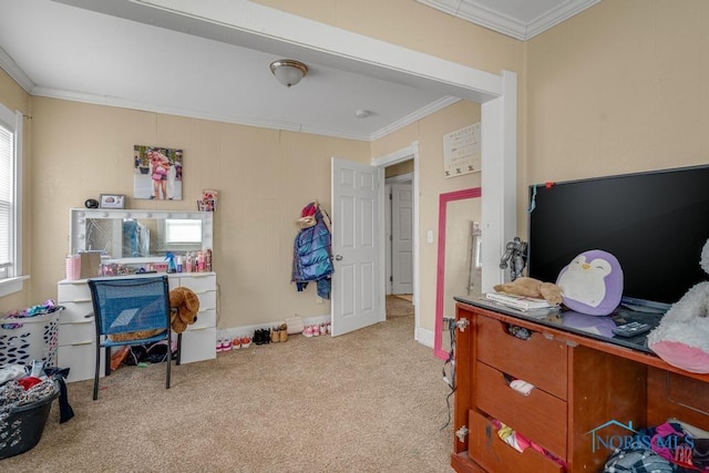 carpeted bedroom with crown molding