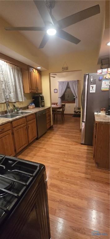 kitchen with ceiling fan, appliances with stainless steel finishes, sink, and light wood-type flooring