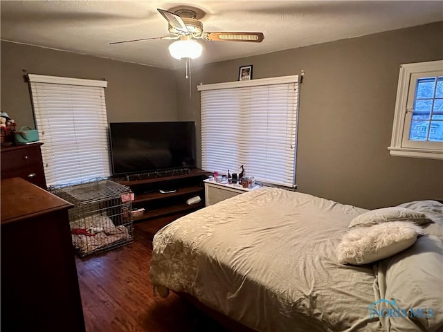 bedroom with ceiling fan and dark hardwood / wood-style flooring