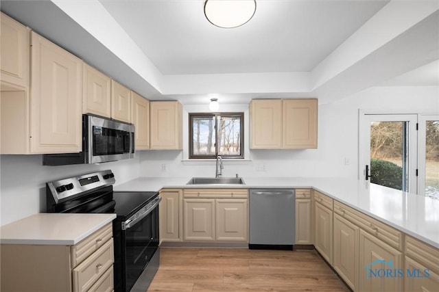 kitchen featuring sink, light brown cabinets, light wood-type flooring, appliances with stainless steel finishes, and a raised ceiling