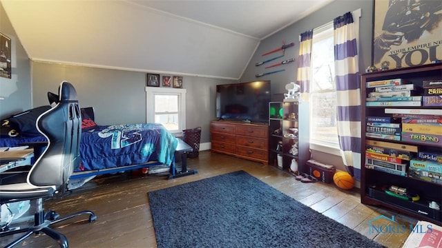 bedroom with multiple windows, vaulted ceiling, and wood-type flooring