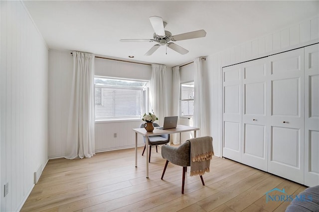 office featuring ceiling fan, wooden walls, and light hardwood / wood-style floors